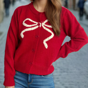 Solid Bow Jacquard Round Cardigan