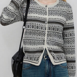 Vintage Jacquard Crew Neck Button Knit Cardigan