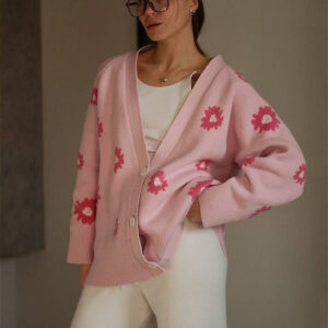 Fuzzy Daisy Jacquard Loose V-Neck Cardigan